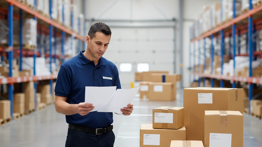 Operator checking customs paperwork for parcels