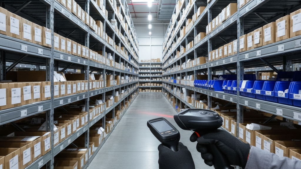 Warehouse staff scanning inventory on shelves