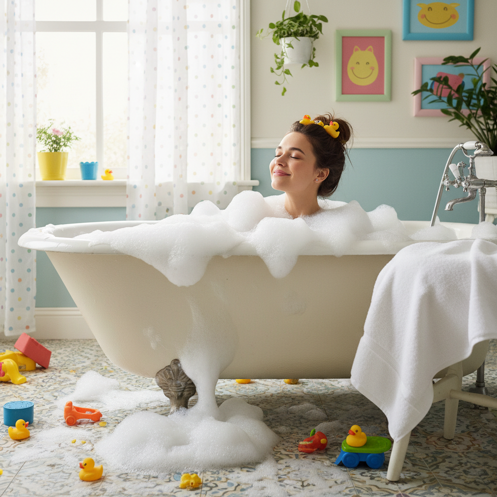 Bright, playful image of someone luxuriating in a bubble bath