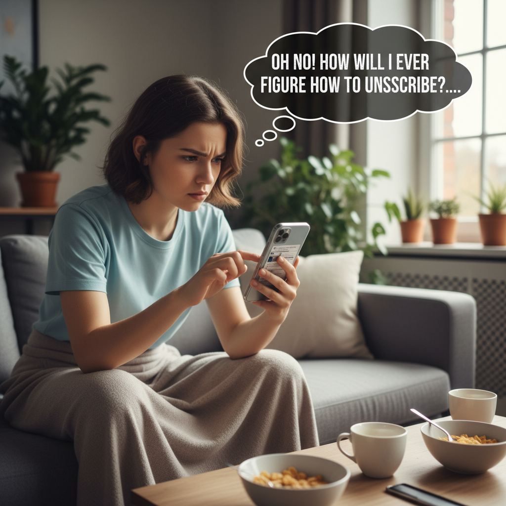 Image of young consumer on their phone. Caption: "Oh no! How will I ever figure out how to unsubscribe?..."