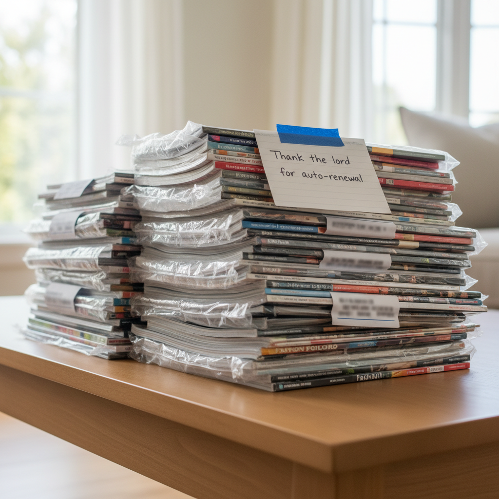 Bright image of a pile of magazines, still in their delivery packaging. Caption: "Thank the lord for auto-renewal."