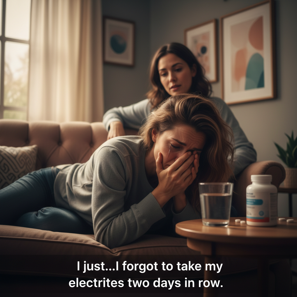 Image of a patient on a therapist's couch, looking devastated. Caption: "I just…I forgot to take my electrolytes two days in a row."